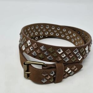 FINA FIRENZE BROWN SUEDE LEATHER BELT METALLIC STUDS BRASS BUCKLE WOMEN MEDIUM